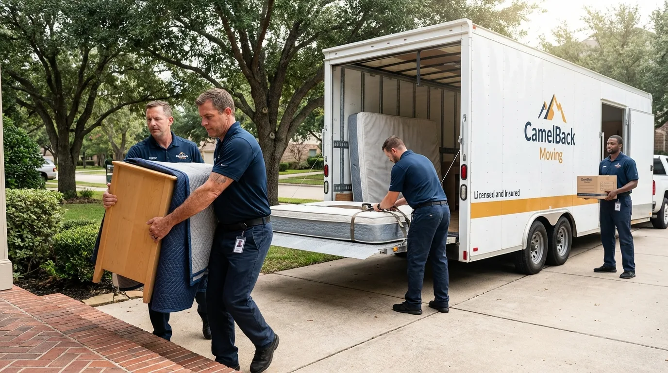 Crew loading residential truck for cross-state move from New Holstein, WI