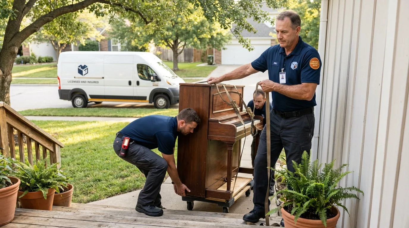 Licensed piano movers securing grand piano in New Holstein, WI