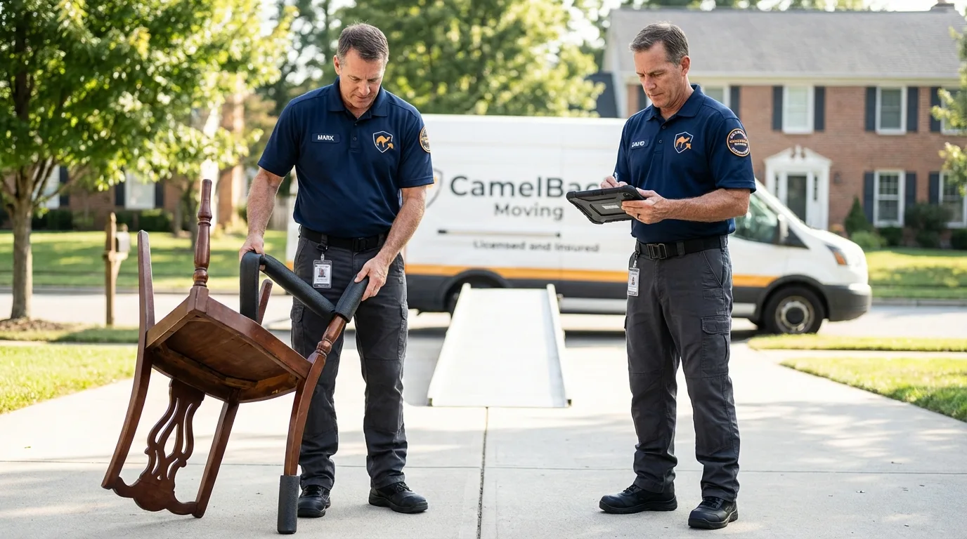 Movers inspecting furniture for damage prevention before loading in New Holstein, WI