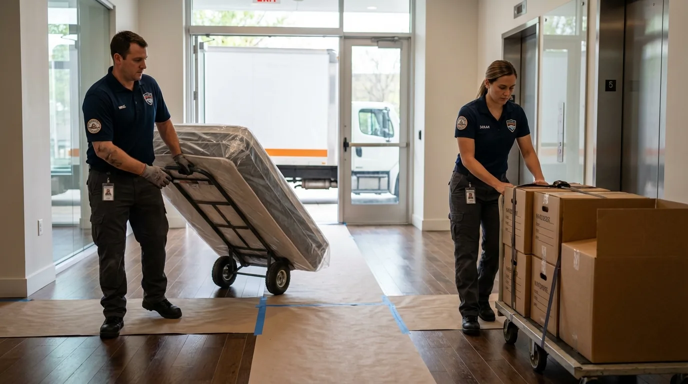 Professional apartment movers loading elevator in New Holstein, WI