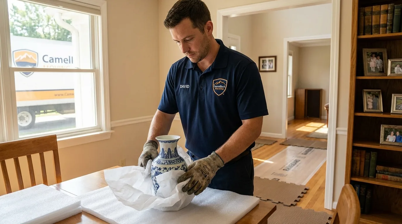 Professional crew carefully wrapping antique vase for senior downsizing move in New Holstein, WI