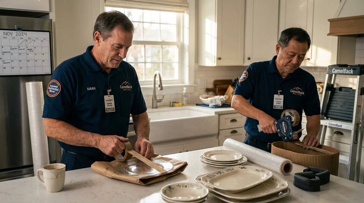 Professional crew packing kitchen dishware in New Holstein, WI